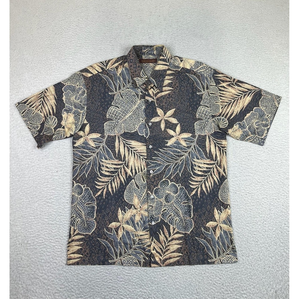 Tori Richard Shirt Mens Medium Beige Floral Short Sleeve Button-Up Casual